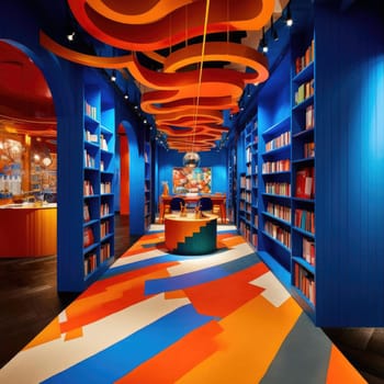 Interior of a colorful library with bookshelves