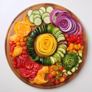 Sliced fresh vegetables on wooden plate on white background