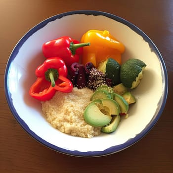 Healthy eating concept - fresh vegetables and couscous in bowl