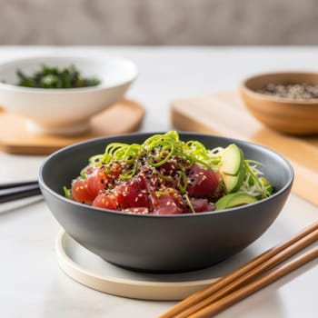Tuna poke bowl with avocado, seaweed, and sesame seeds