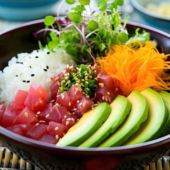 Hawaiian tuna poke bowl with rice, avocado, and microgreens