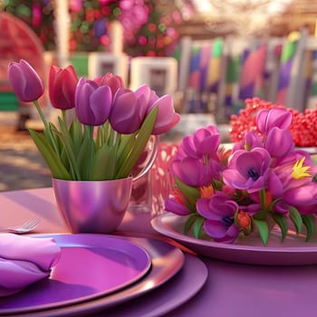 Romantic table setting with tulips and crocus flowers