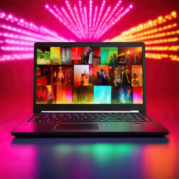 Laptop with a screen full of photos on a red background