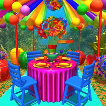 Colorful table and chairs in the garden - 3D illustration