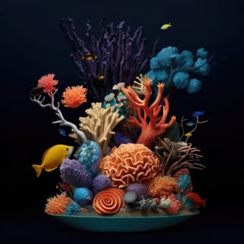 Colorful coral reef with fish on black background