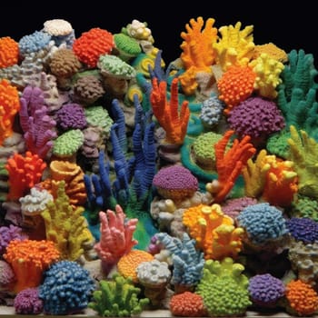 Many colorful corals on a black background, closeup of photo