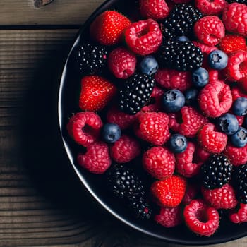 Blackberry, raspberry, blueberry, and strawberry in a bowl on a wooden table