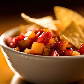 Nachos with peaches in a bowl on wooden table