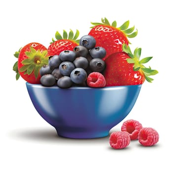 Blueberry, strawberry, and raspberry in a blue bowl on a white background