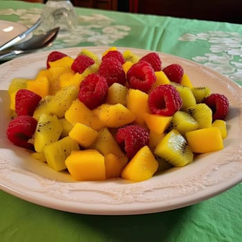 Fruit salad with mango, raspberries, and kiwi