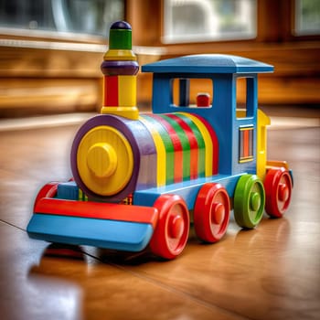 Colorful wooden toy train on a wooden floor in the living room