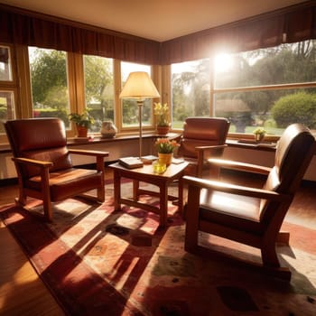 Interior of a living room with brown armchairs and table lamp