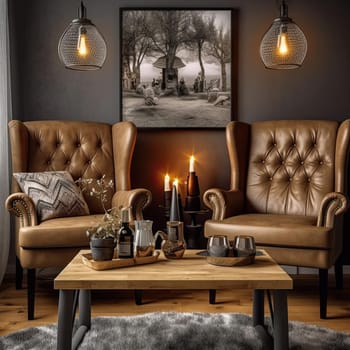 Interior of a living room with brown leather armchairs and wooden table with candles on it