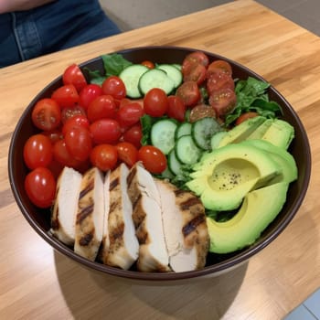 Avocado salad with chicken breast, avocado, cucumber, and cherry tomatoes in a bowl