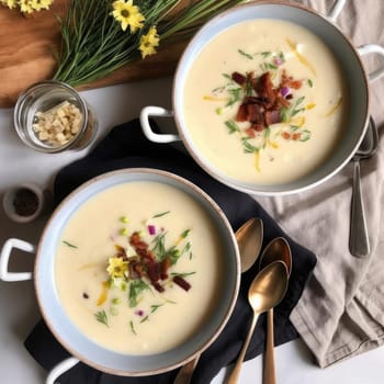 Bowls of potato soup with bacon and dill, top view