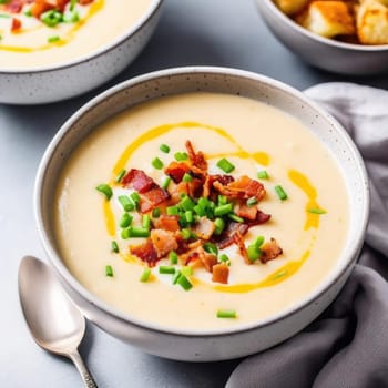 Creamy potato soup with bacon and chives in bowl
