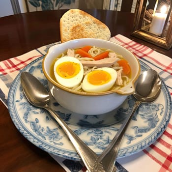 Bowl of chicken soup with egg and vegetables on a table