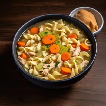Chicken soup with noodles, carrots, and celery in bowl on wooden background
