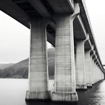 A bridge in the middle of a lake with mountains in the background