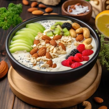 Healthy breakfast bowl with oatmeal, berries, fruits, and nuts on wooden background
