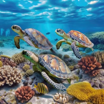 Green sea turtles on the coral reef
