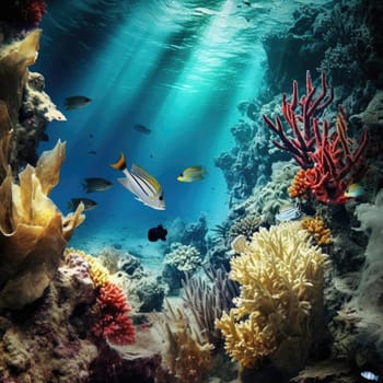 Underwater view of coral reef with tropical fish and rays of light
