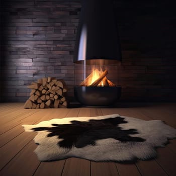 Illustration of a burning fireplace in a room with wooden floor