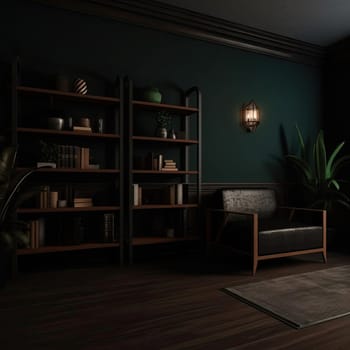 Interior of living room with bookshelf and armchair