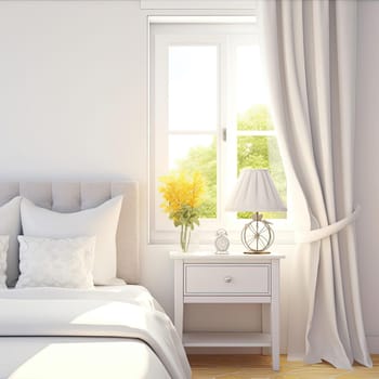 White bedroom interior with large window