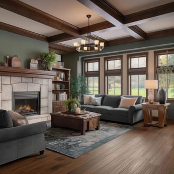 Interior of modern living room with fireplace and wooden floor