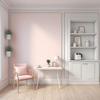 Interior of a modern living room with pink walls, white furniture, and a chair