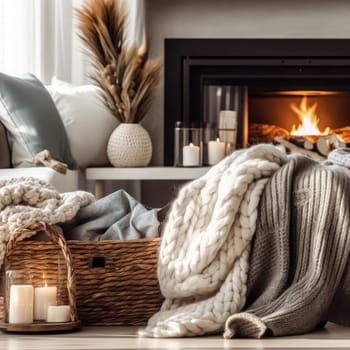 Cozy living room with fireplace, candles, and knitted sweaters