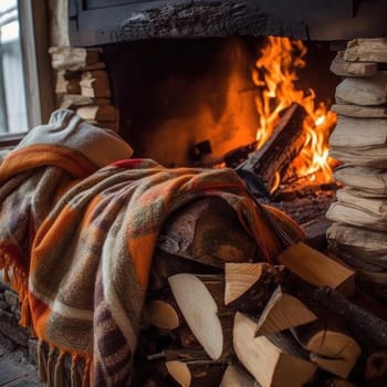 Fireplace with burning firewood and woolen scarf in country house