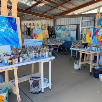 Paintbrushes and paints on the easel in the workshop