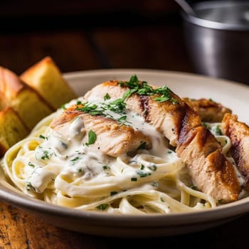 Spaghetti carbonara with grilled chicken fillet, cream sauce and parsley