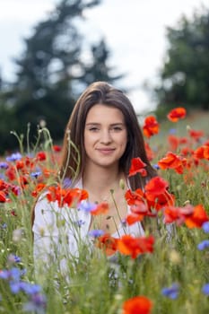 Smiling beautiful  long haired  brunette girl is posing in a meadow with red poppies and blue cornflowers. Vertically.