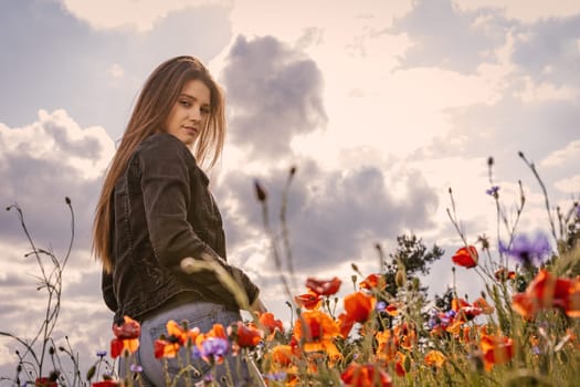 Atractive long haired  brunette young woman is looking over her shoulder at the camera in a field of red poppies. The photo is edited as a cinema photo.