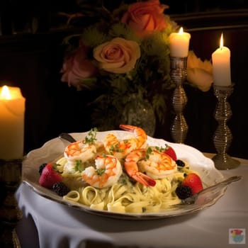 Spaghetti with shrimp and blackberry on the table with candles
