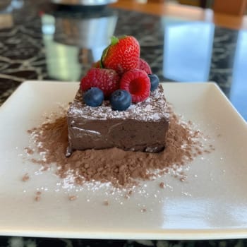 Chocolate cake with fresh berries on white plate in coffee shop