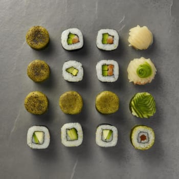 Sushi set on grey background, top view