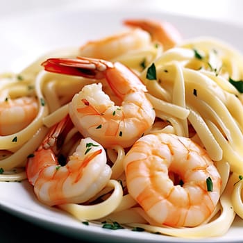 Pasta with shrimps and parsley on a white plate