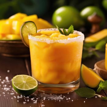 Mango smoothie with lime, mint, and ice on wooden background