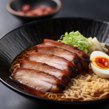 Japanese ramen noodle with roasted pork in black plate on dark background