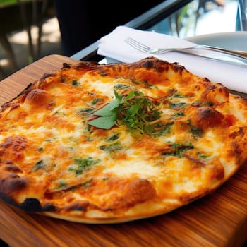 Pizza with mozzarella cheese, arugula, and basil