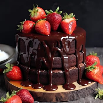 Chocolate cake with strawberries on a dark background - selective focus