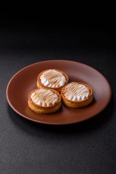 Lemon tart, meringue pie or fruit cream tart. Dessert, sweets for the morning table