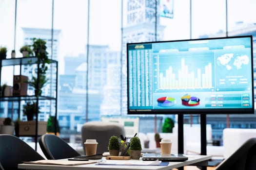 Empty modern office setup with advanced technology enhances productivity, helping professionals focus on financial strategies, performance metrics and global business objectives.