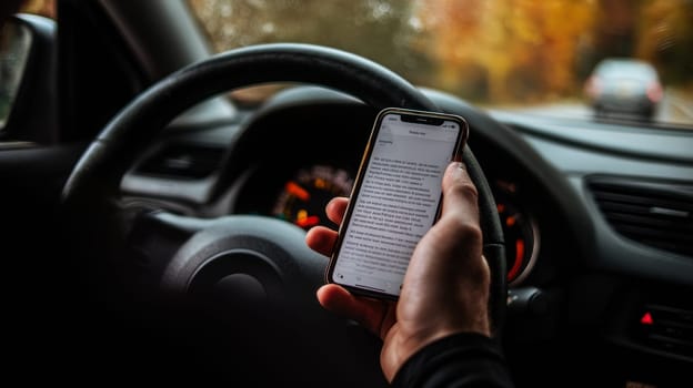 person holding an iPhone with a text message on the screen while driving with sun light..