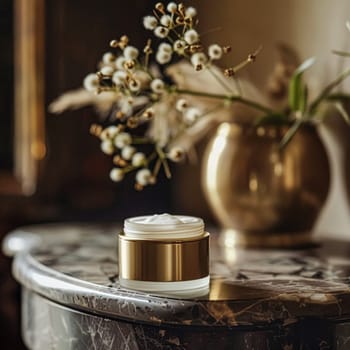 Cosmetic cream in a glass jar. Skin care concept. Background for beauty products