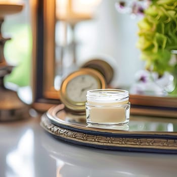 Cosmetic cream in a glass jar. Skin care concept. Background for beauty products